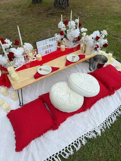 Outdoor picnic setup with red and white tablecloth, flowers, and cushions on grass.